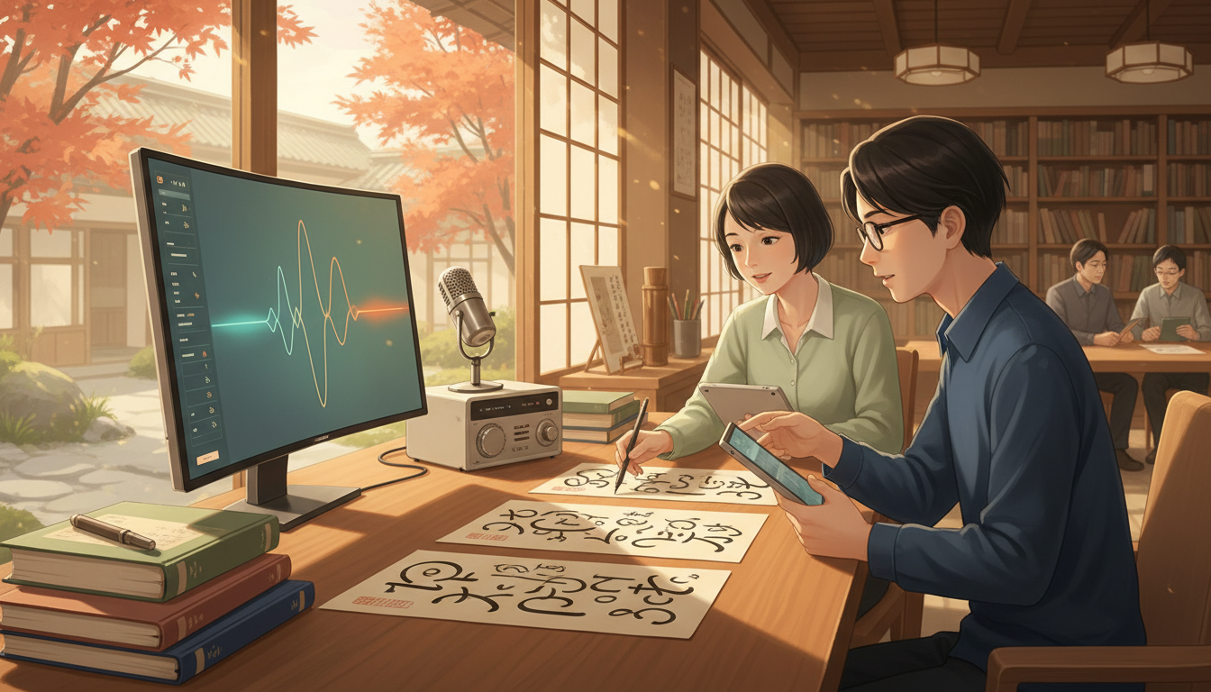 Original illustration of language researchers studying Japanese kana writing, an audio waveform and a conversation corpus in a university workspace.