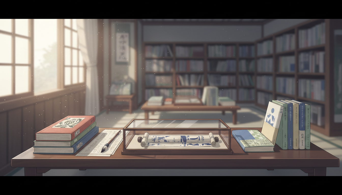 Original conceptual illustration joining a classical Japanese manuscript scroll, brush writing tools and contemporary bound books in a quiet reading room.