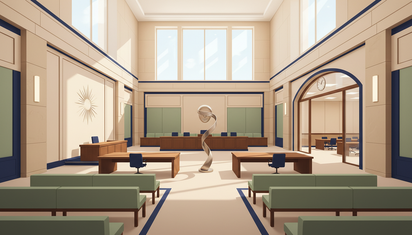 Original neutral courthouse illustration showing an open courtroom, respectful public seating and a judge's bench without identifiable people or legal insignia.
