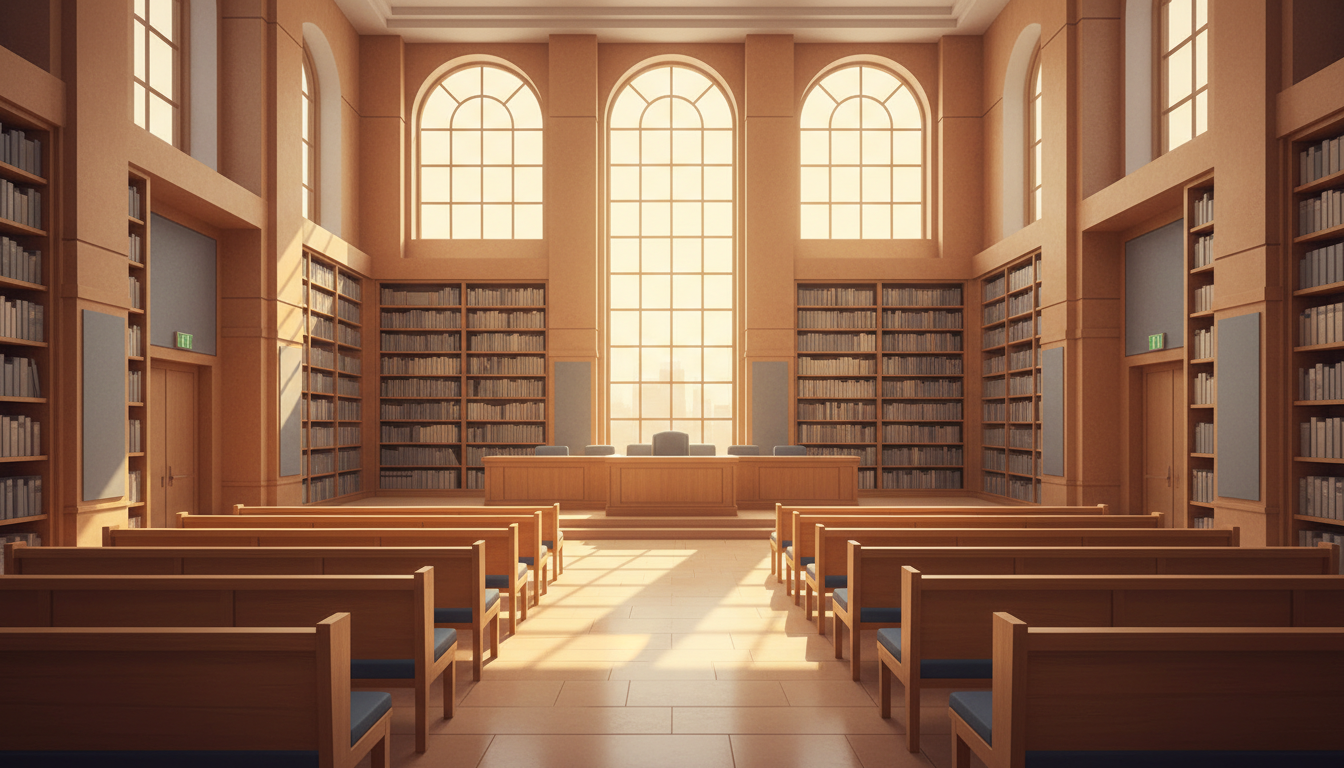 Original conceptual illustration of a modern courthouse room prepared for a hearing, without depicting a real case.