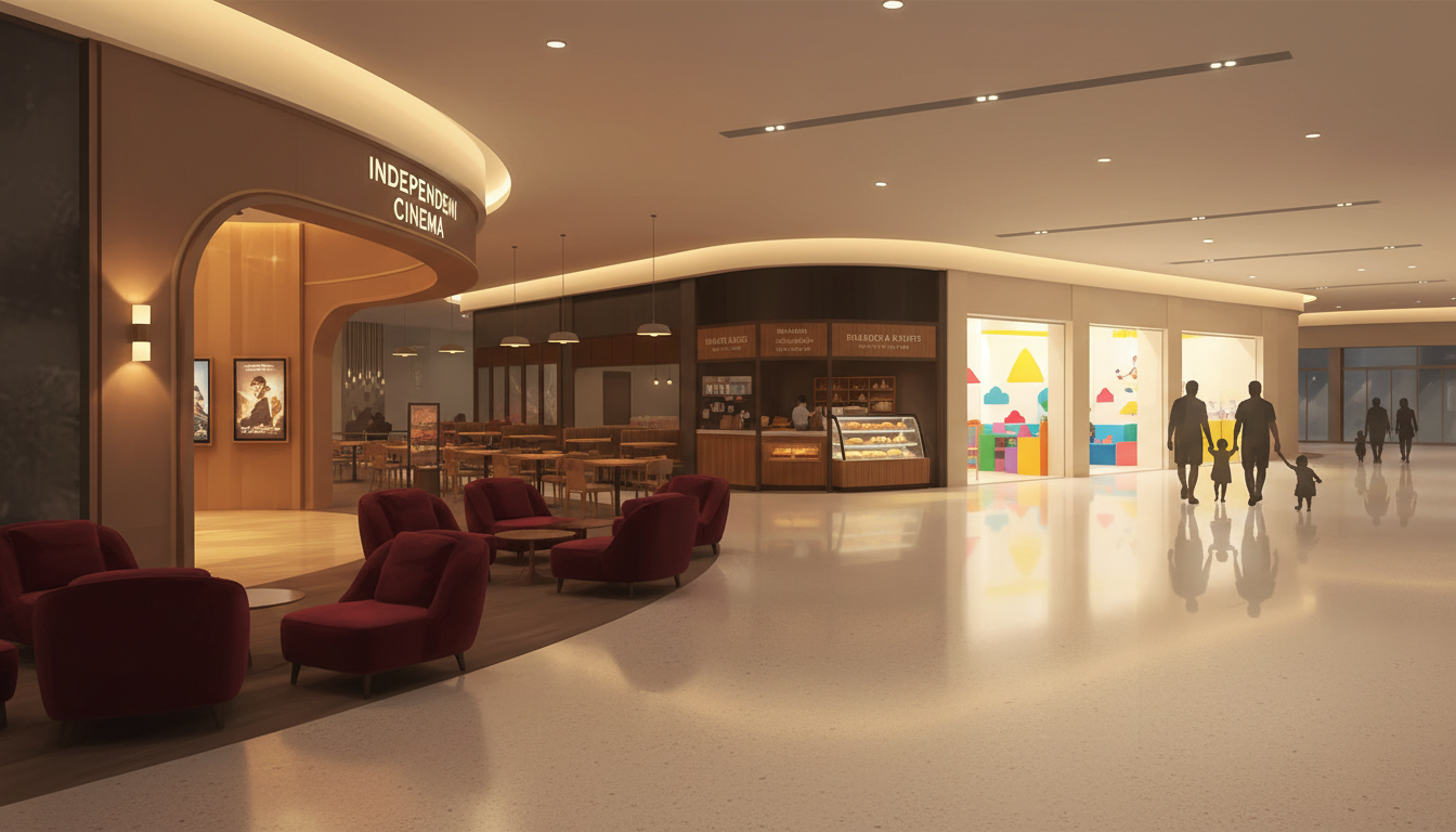 Original editorial illustration inspired by KAP Mall near King Albert Park MRT, featuring boutique cinema lounge, casual dining and family shops; not a real photograph of the mall.
