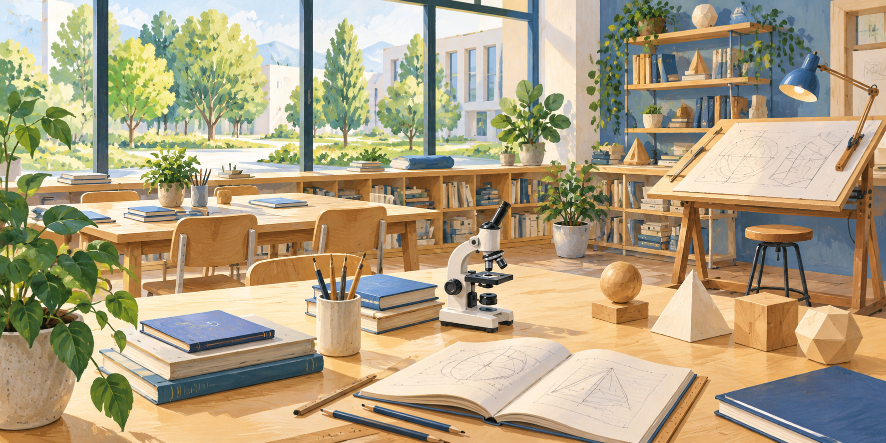 AI-generated illustration of an imagined learning studio with books, a microscope and geometric models.