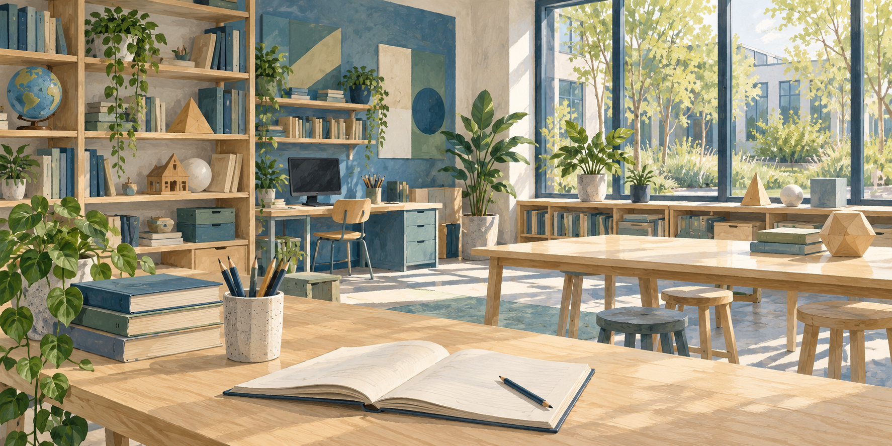 AI-generated illustration of an imagined learning studio with books, geometric models and a computer workbench.