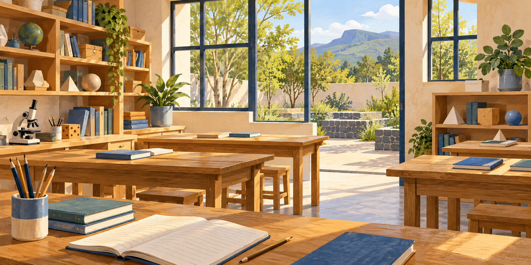 AI-generated illustration of an imagined learning studio with books, geometric models and a microscope.