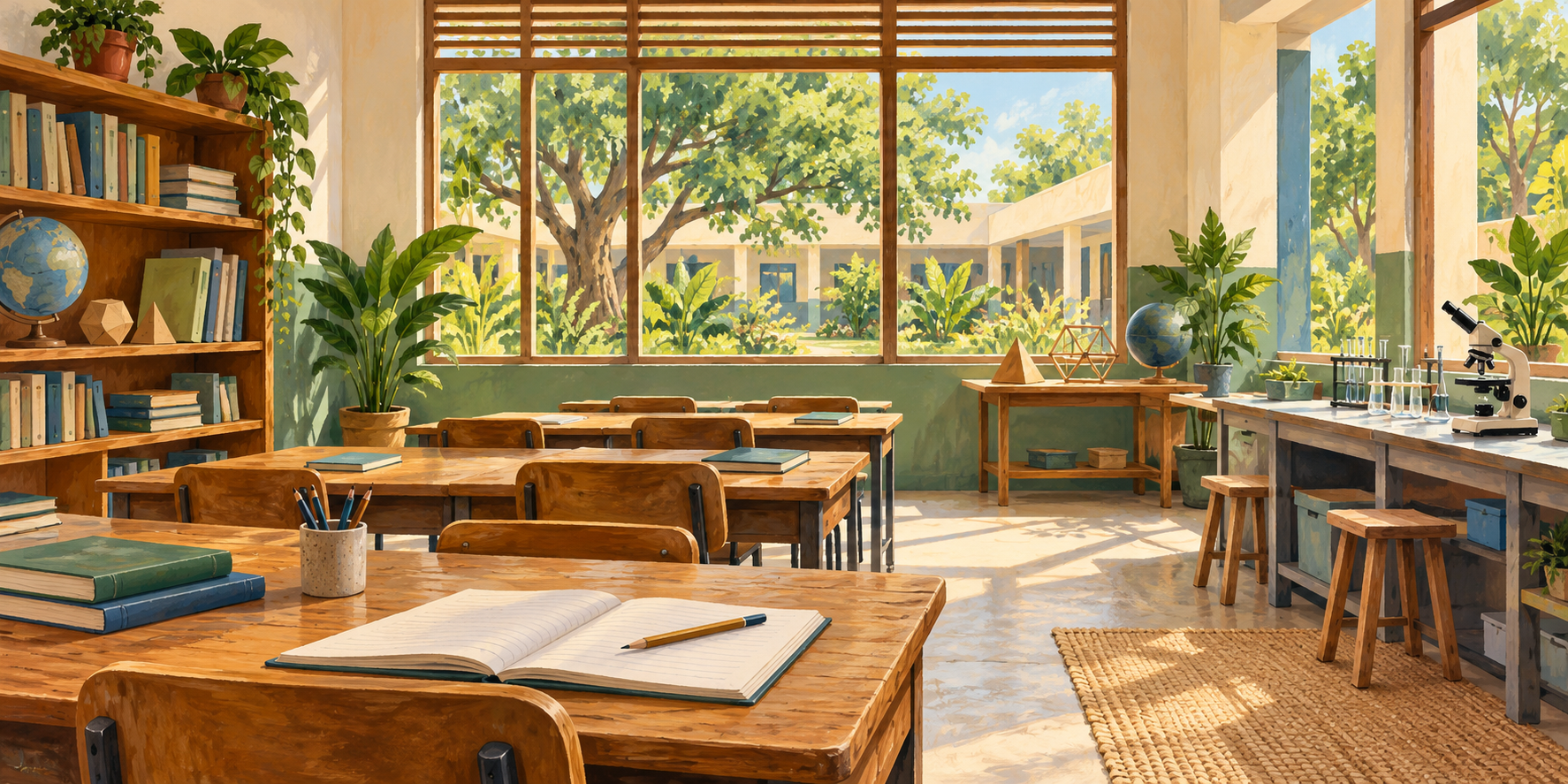 AI-generated illustration of an imagined learning room with books, geometric models and a science workbench.