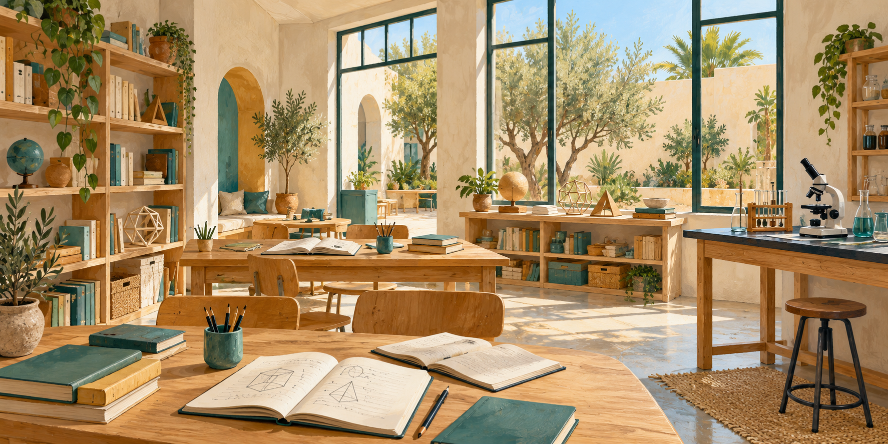 AI-generated illustration of an imagined learning studio with books, geometric models and a science workbench.