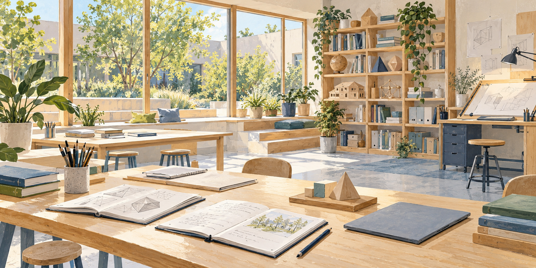 AI-generated illustration of an imagined learning studio with books, geometric models and a technical drawing station.