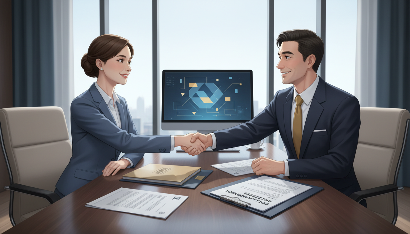 Editorial illustration of an insurance administrator and bank officer reviewing a life policy assignment and signed collateral-release documentation.