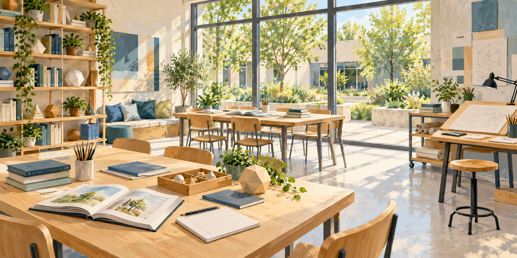 AI-generated illustration of an imagined learning studio with books, geometric models and a technical drawing station.