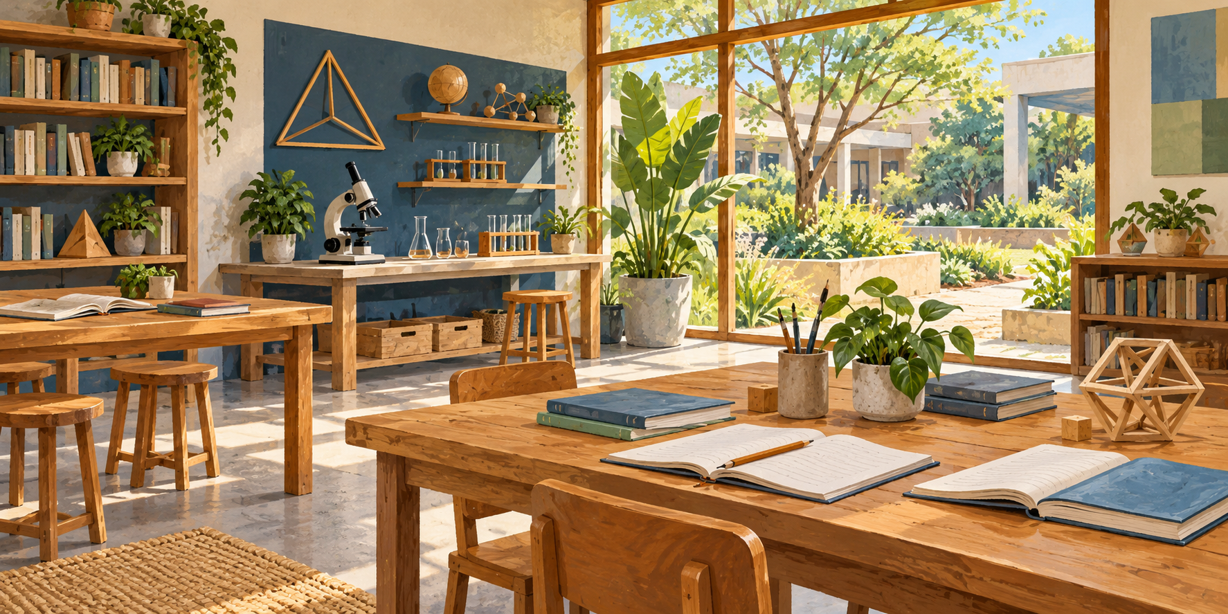 AI-generated illustration of an imagined learning studio with books, geometric models and a science workbench.