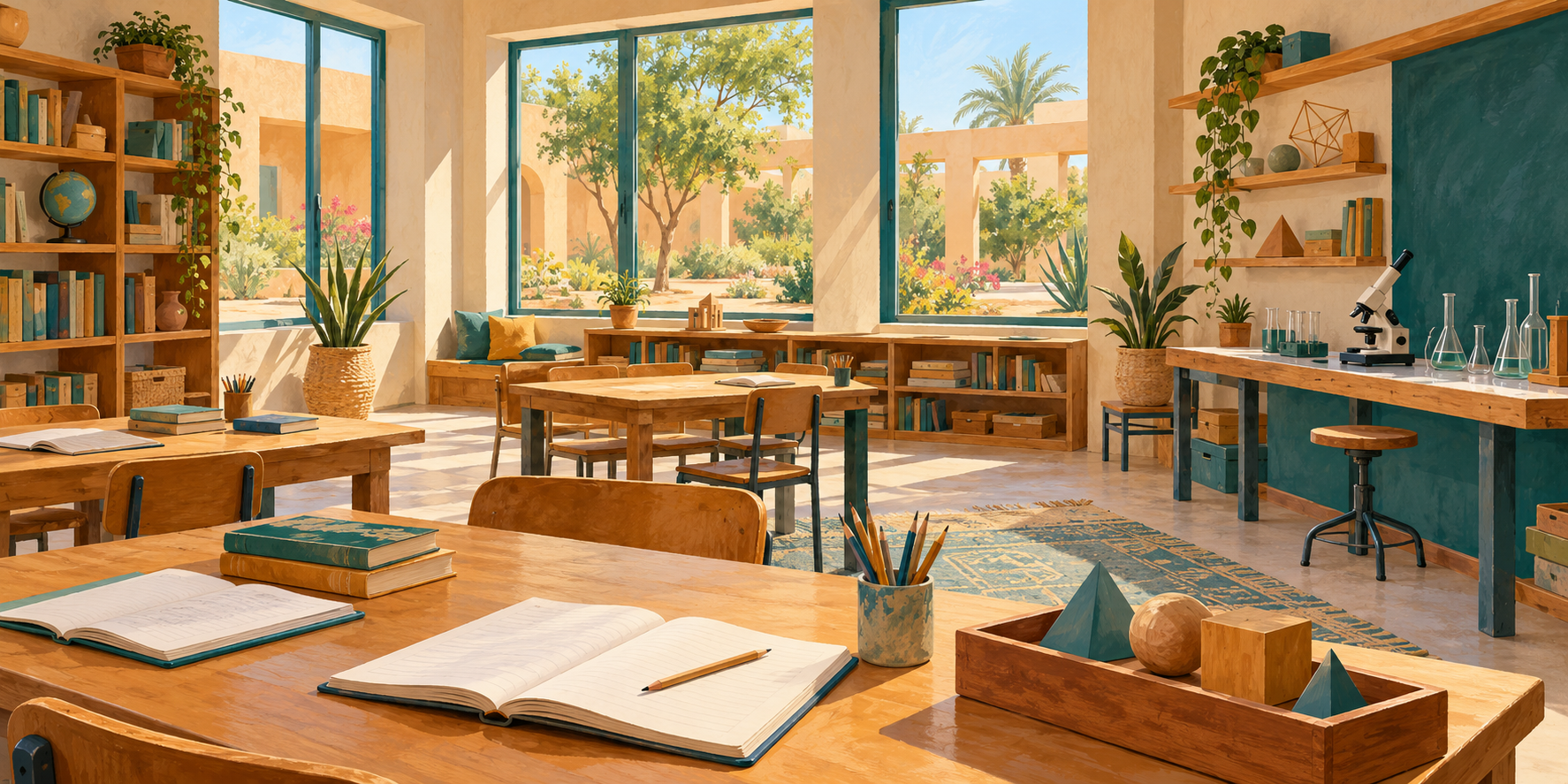 AI-generated illustration of an imagined learning studio with books, geometric models and a science workbench.