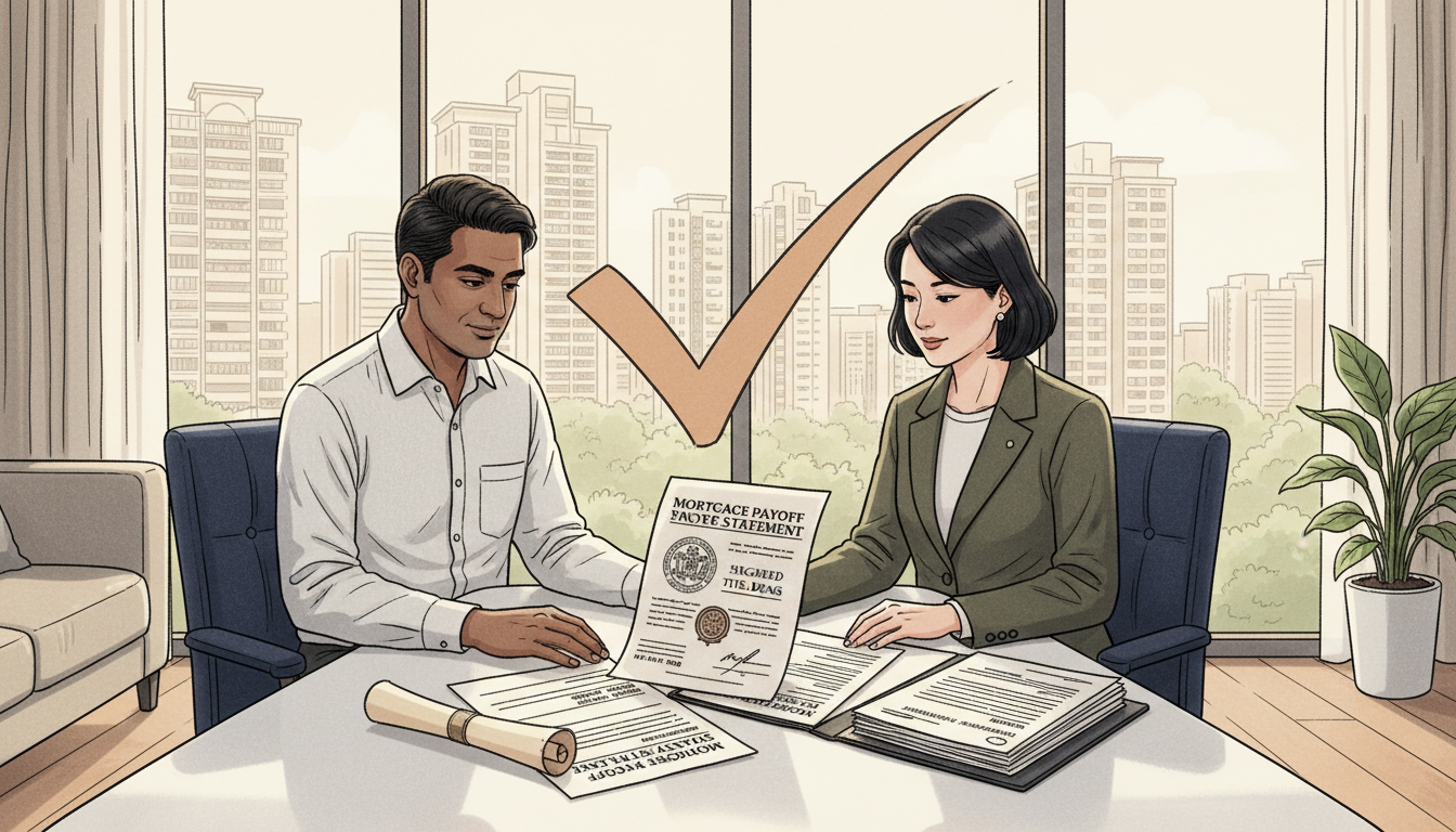 Editorial illustration of a Singapore homeowner and conveyancing lawyer reviewing mortgage payoff records and property title documents.