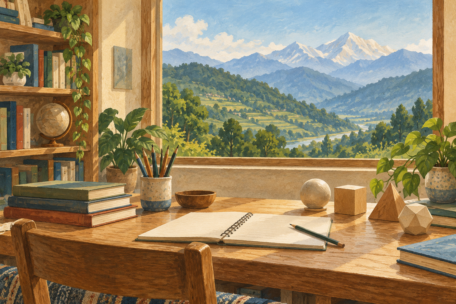 AI-generated illustration of an imagined learning room with books and a distant mountain view; not an actual institution.