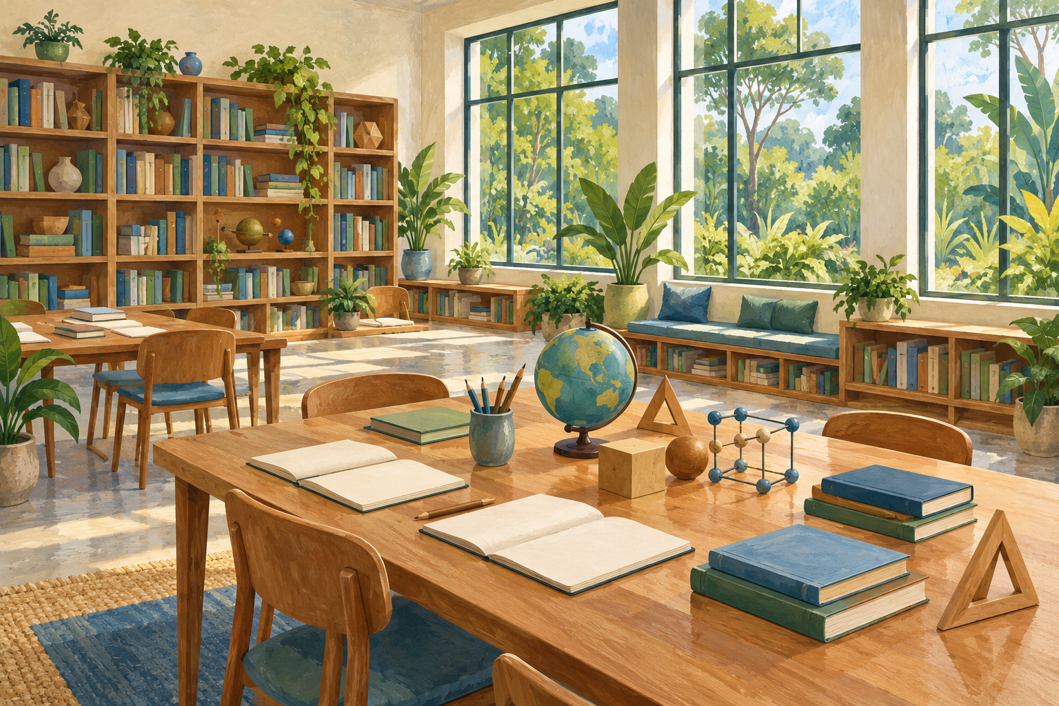 AI-generated illustration of an imagined reading and science room with books and a leafy garden view; not an actual institution.