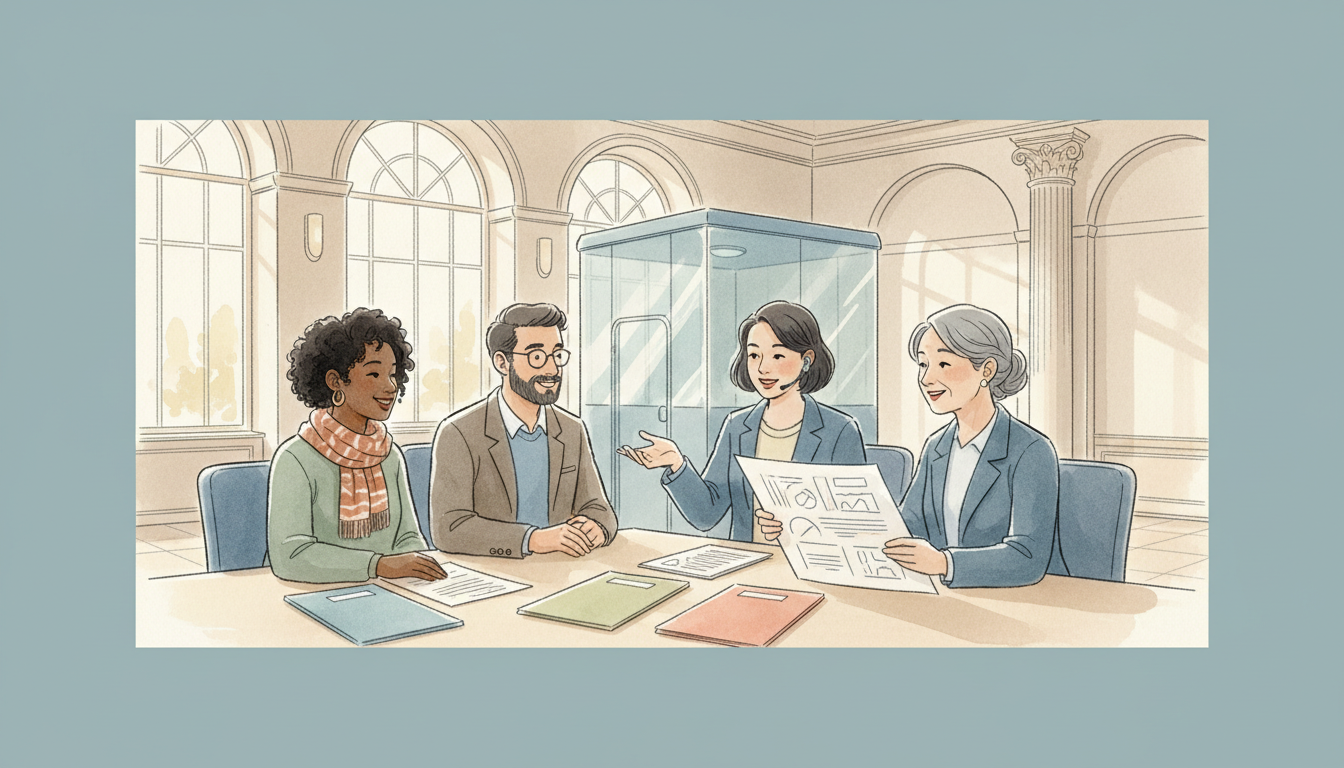 Original conceptual illustration of multilingual residents receiving interpretation and accessible government forms at a public service desk.