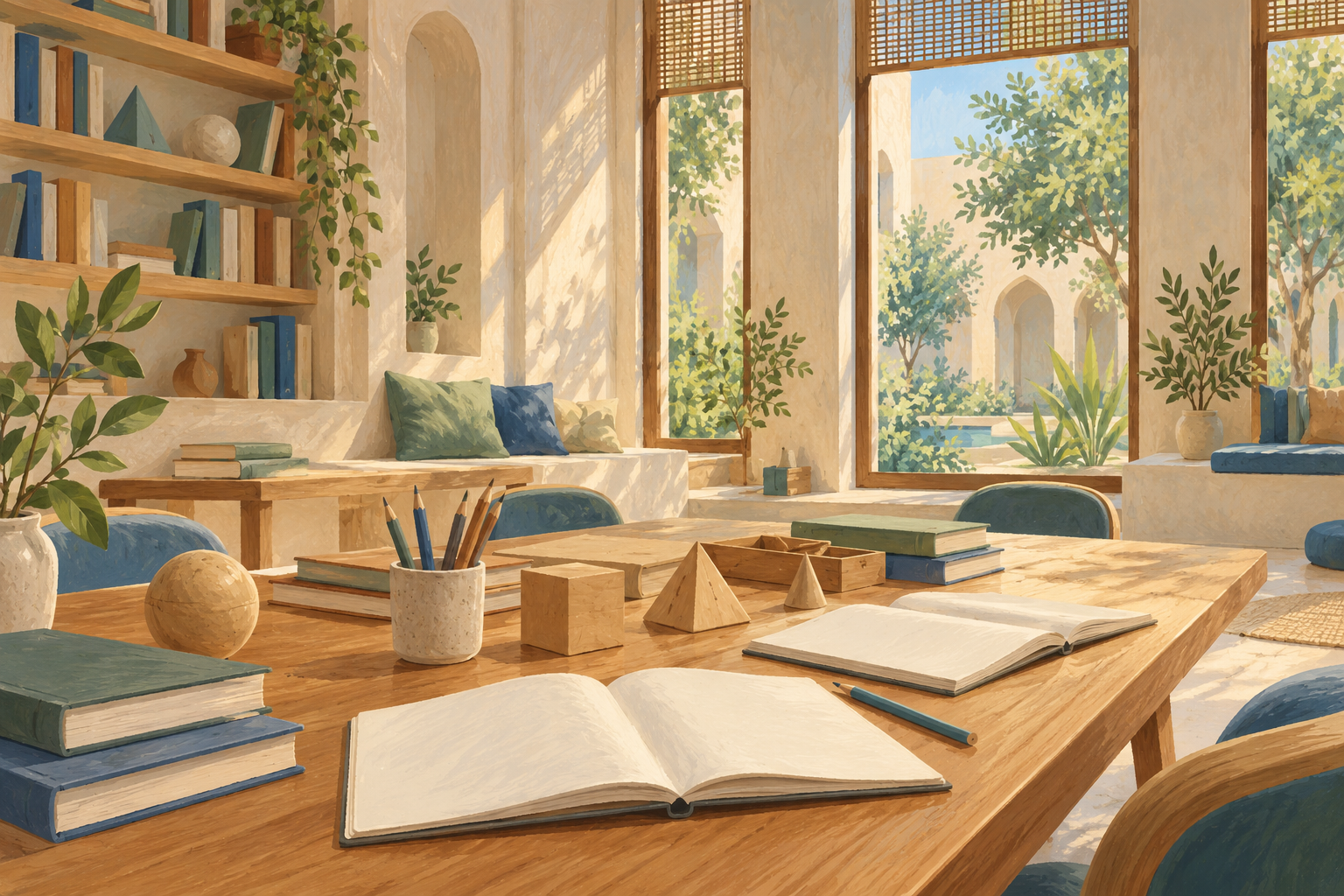 AI-generated illustration of an imagined learning room with books, geometric models and a shaded courtyard view; not an actual institution.