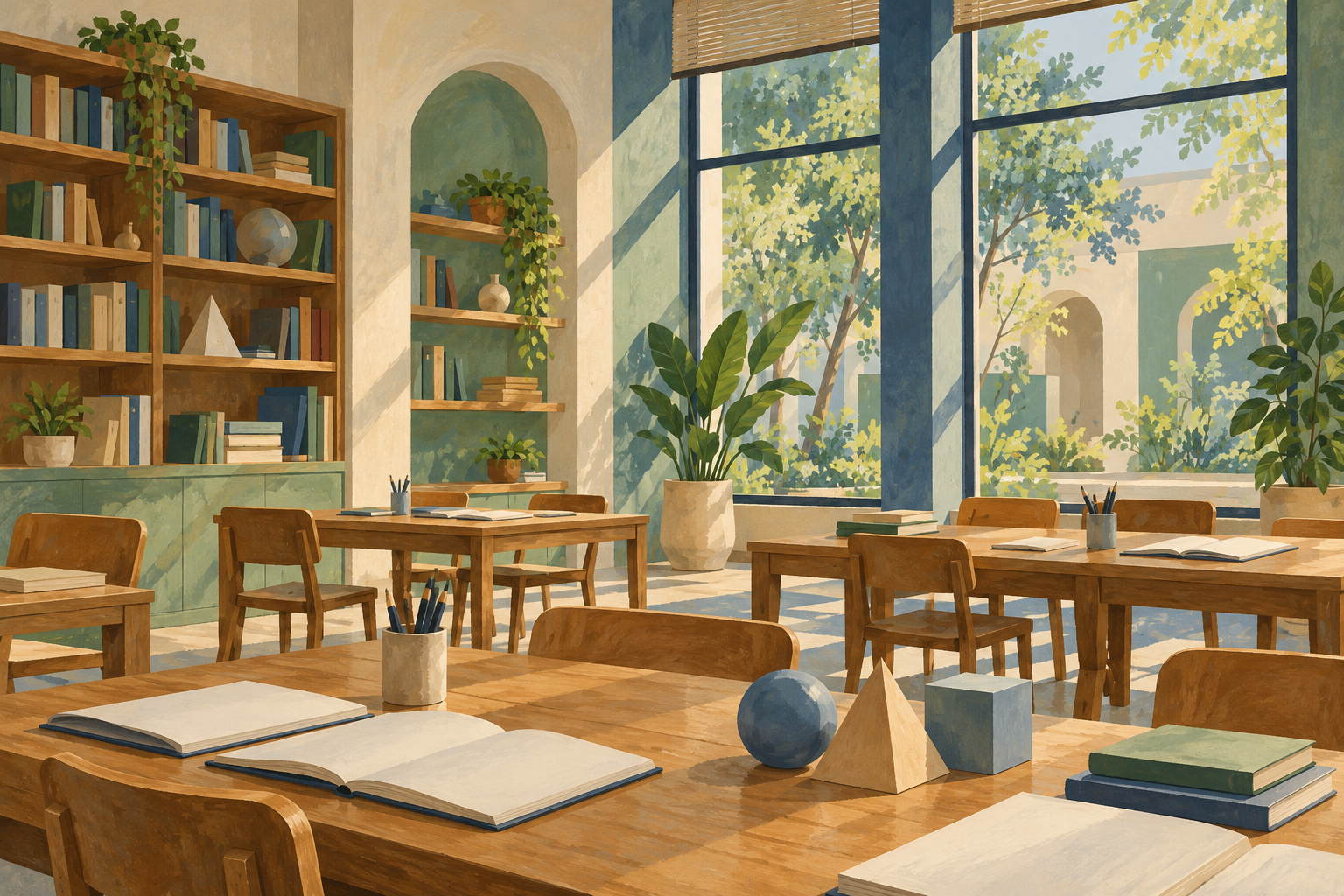 AI-generated illustration of an imagined learning room with books, geometric models and a leafy courtyard view; not an actual institution.