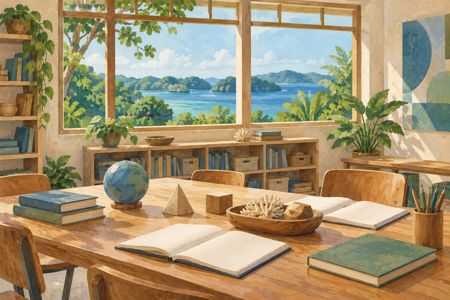 AI-generated illustration of an imagined learning room with books, geometric models and a blue-water view; not an actual institution.