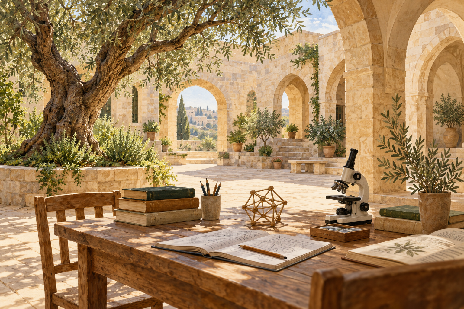 Original fictional illustration of books, a microscope and geometry model in an imagined limestone learning courtyard with an olive tree.