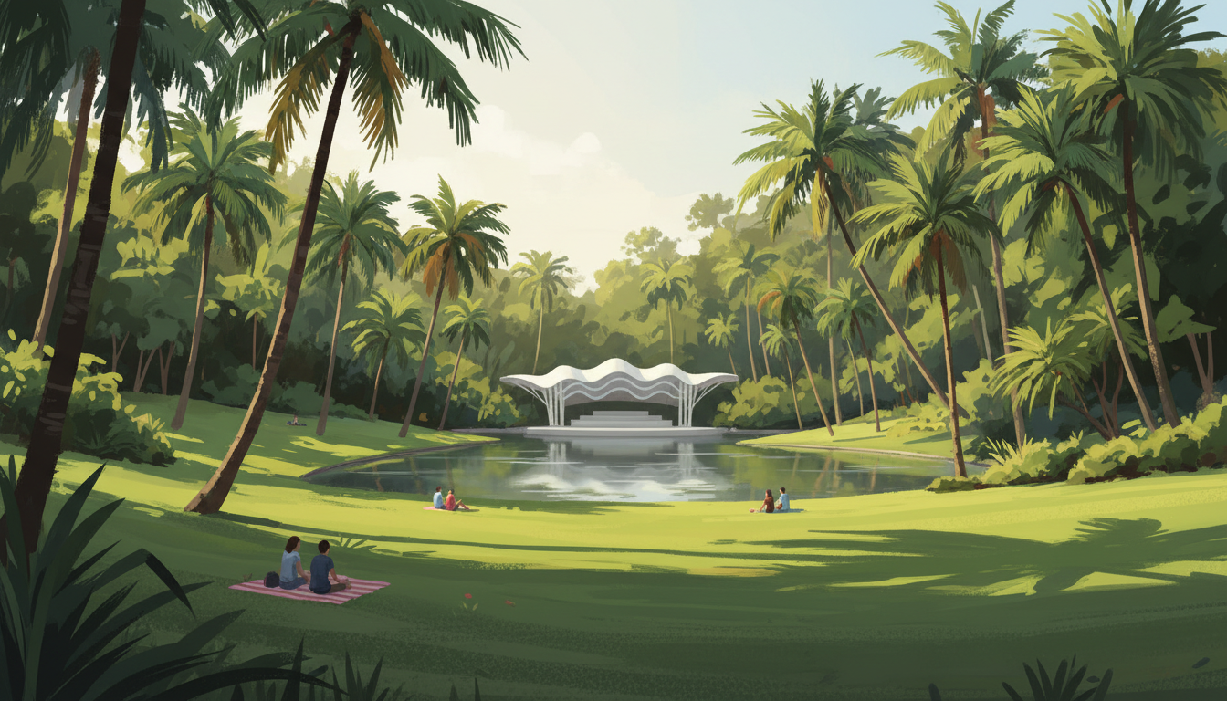 Conceptual illustration inspired by Singapore Botanic Gardens Palm Valley lawn and Shaw Foundation Symphony Stage near Symphony Lake; not an event photograph.