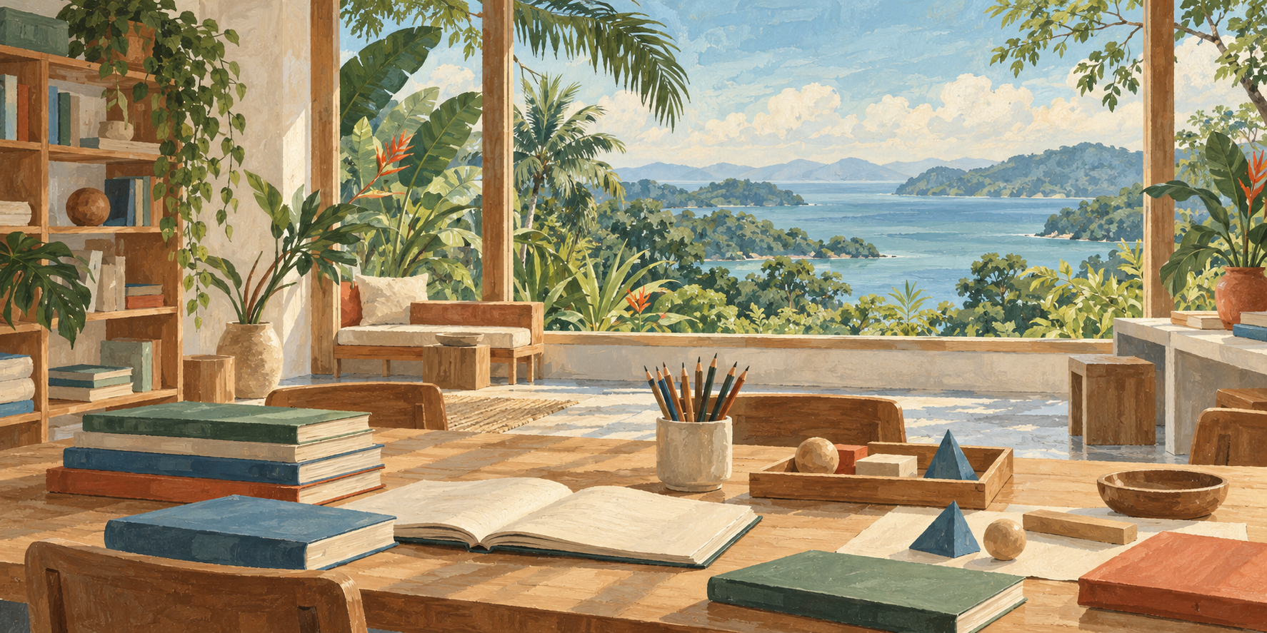 AI-generated gouache illustration of an imagined learning studio with books, geometry materials and tropical foliage; not an actual Panama school.