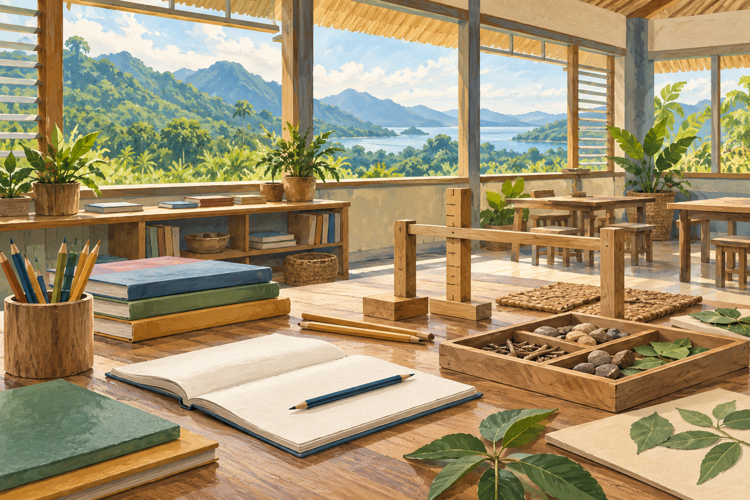 AI-generated gouache illustration of an imagined learning room with books, practical materials and green hills; not an actual Papua New Guinea school.