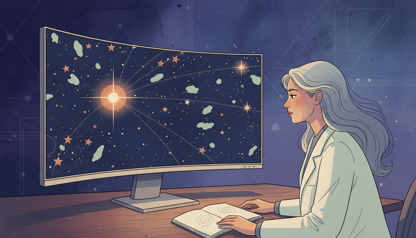 Original conceptual illustration of a star observed from two positions along Earth's orbit, with a researcher analysing its apparent shift.