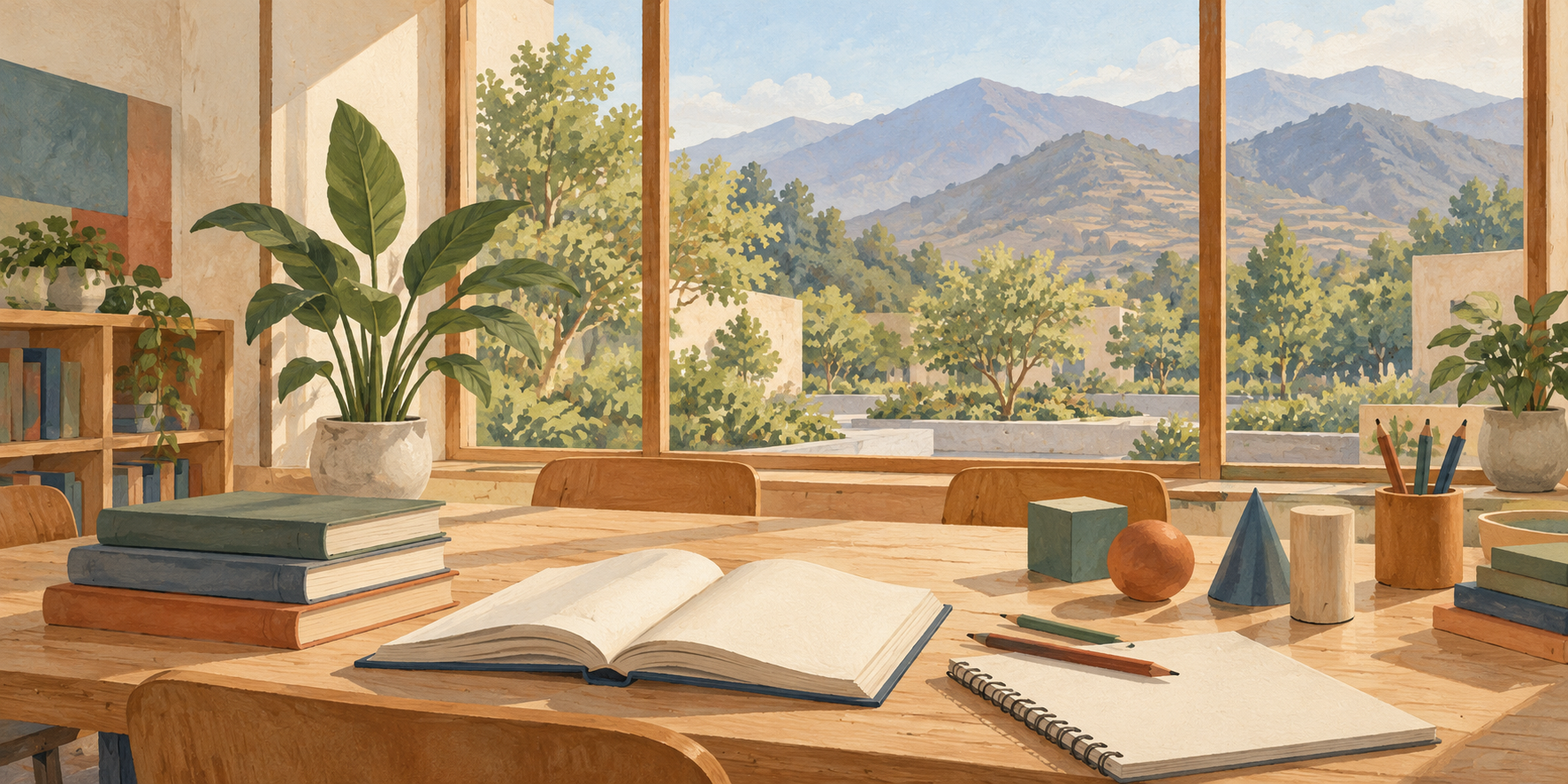 AI-generated gouache illustration of an imagined reading and mathematics studio overlooking a green courtyard and hills; not an actual Peru school.