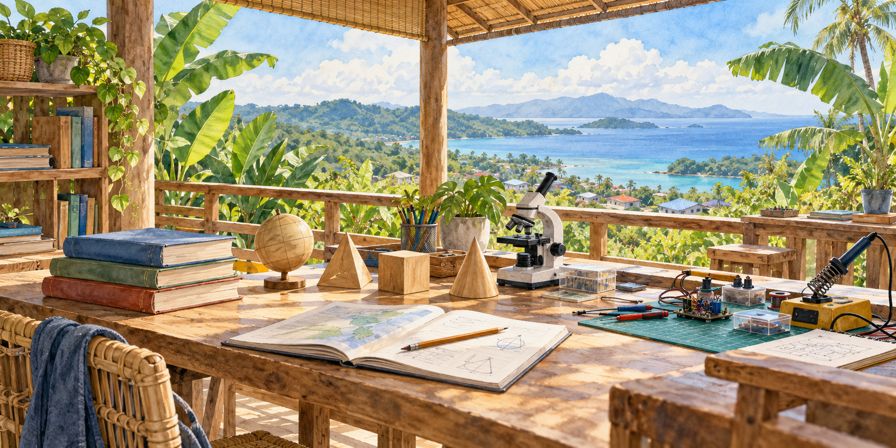 Original watercolor illustration of an imagined tropical learning veranda with books, geometric models, a microscope and an electronics bench.