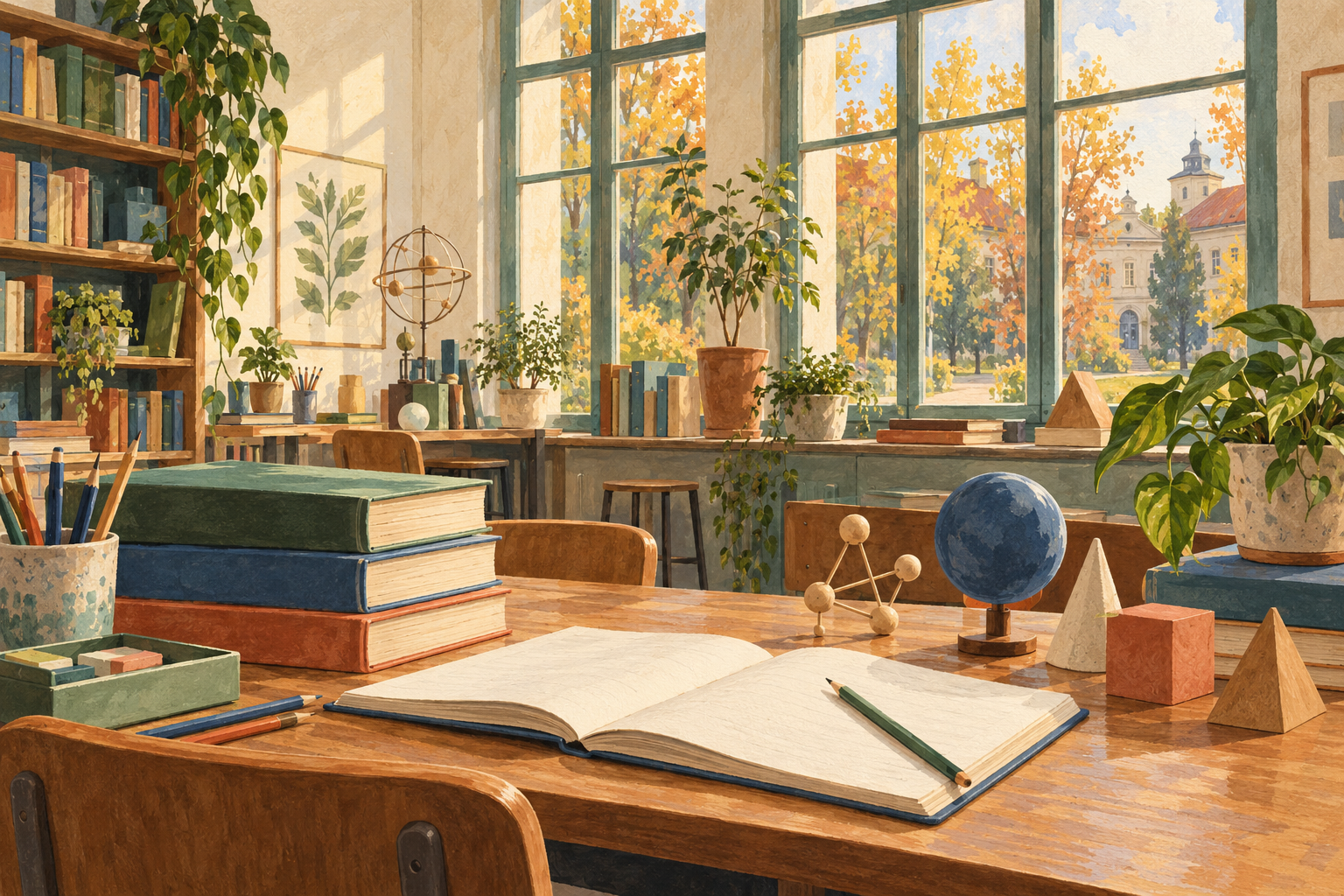 AI-generated gouache illustration of an imagined reading and science-learning studio with books and geometric models; not an actual Polish school.