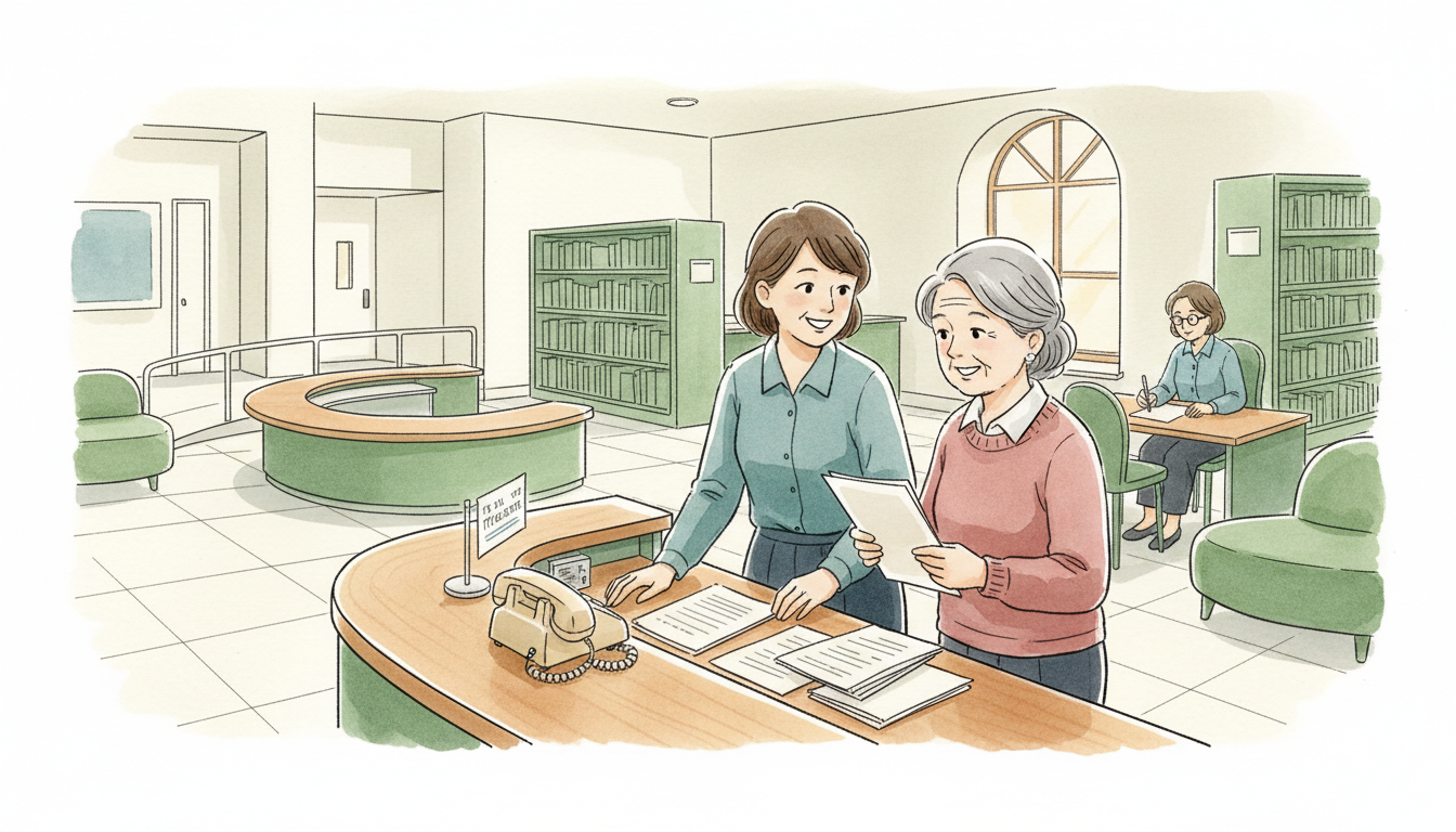 Original civic service illustration showing an older resident and another person using a staffed information counter, landline telephone and paper forms instead of a smartphone.
