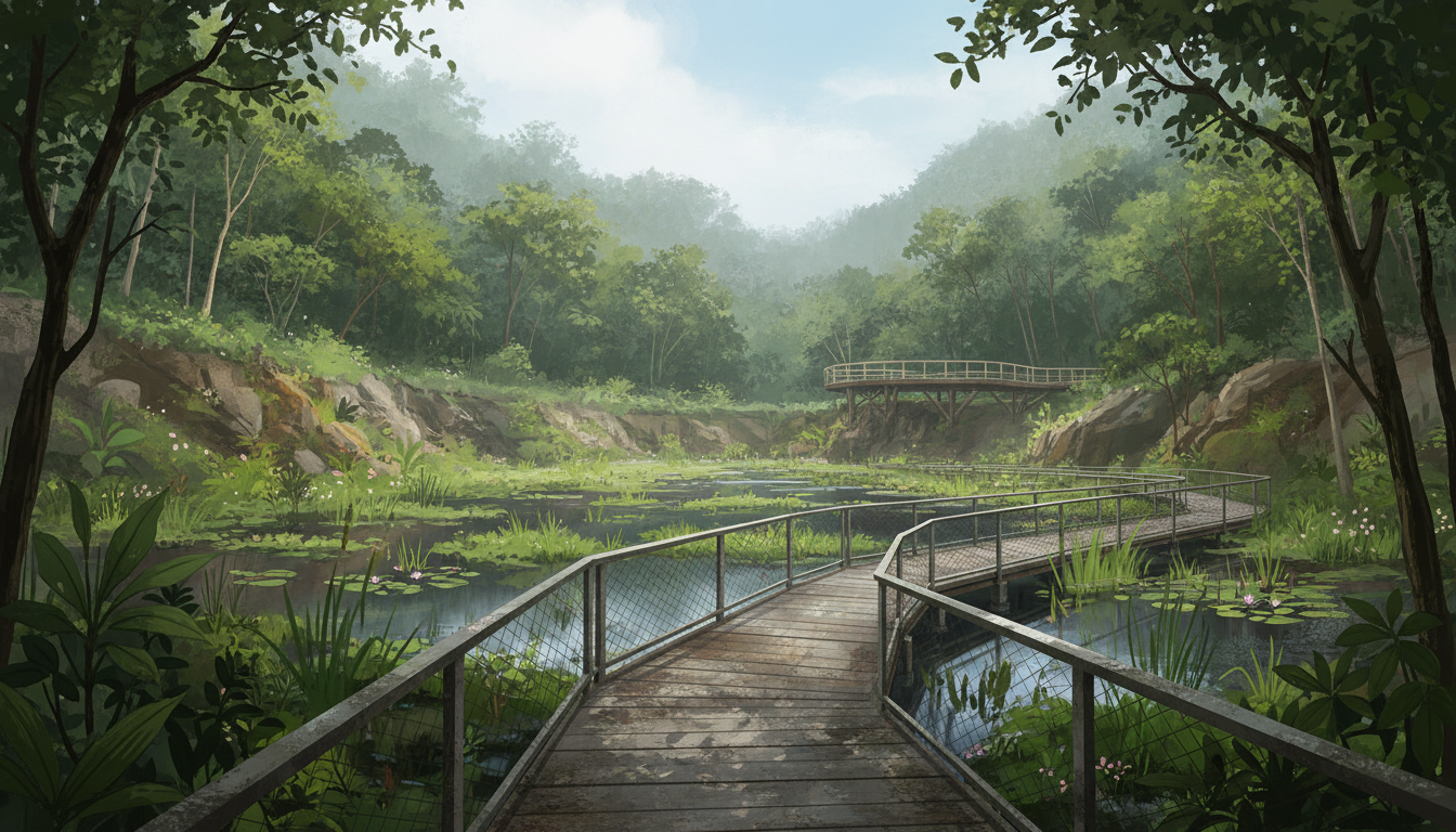 Original conceptual illustration inspired by Rifle Range Nature Park showing a forest boardwalk, reclaimed quarry wetland and observation deck; not an actual site photograph.