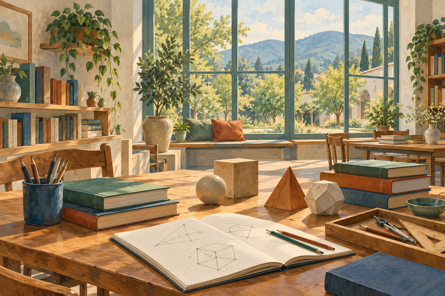AI-generated gouache illustration of an imagined reading and mathematics studio with books and geometric models; not an actual Romanian school.