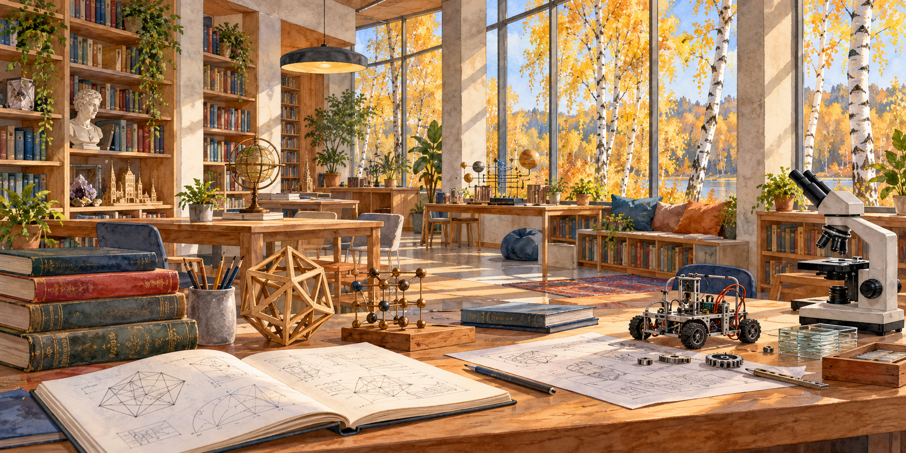 Original fictional watercolor of a library and practical learning workshop with books, geometry models, a microscope and engineering equipment, beside autumn birch trees.