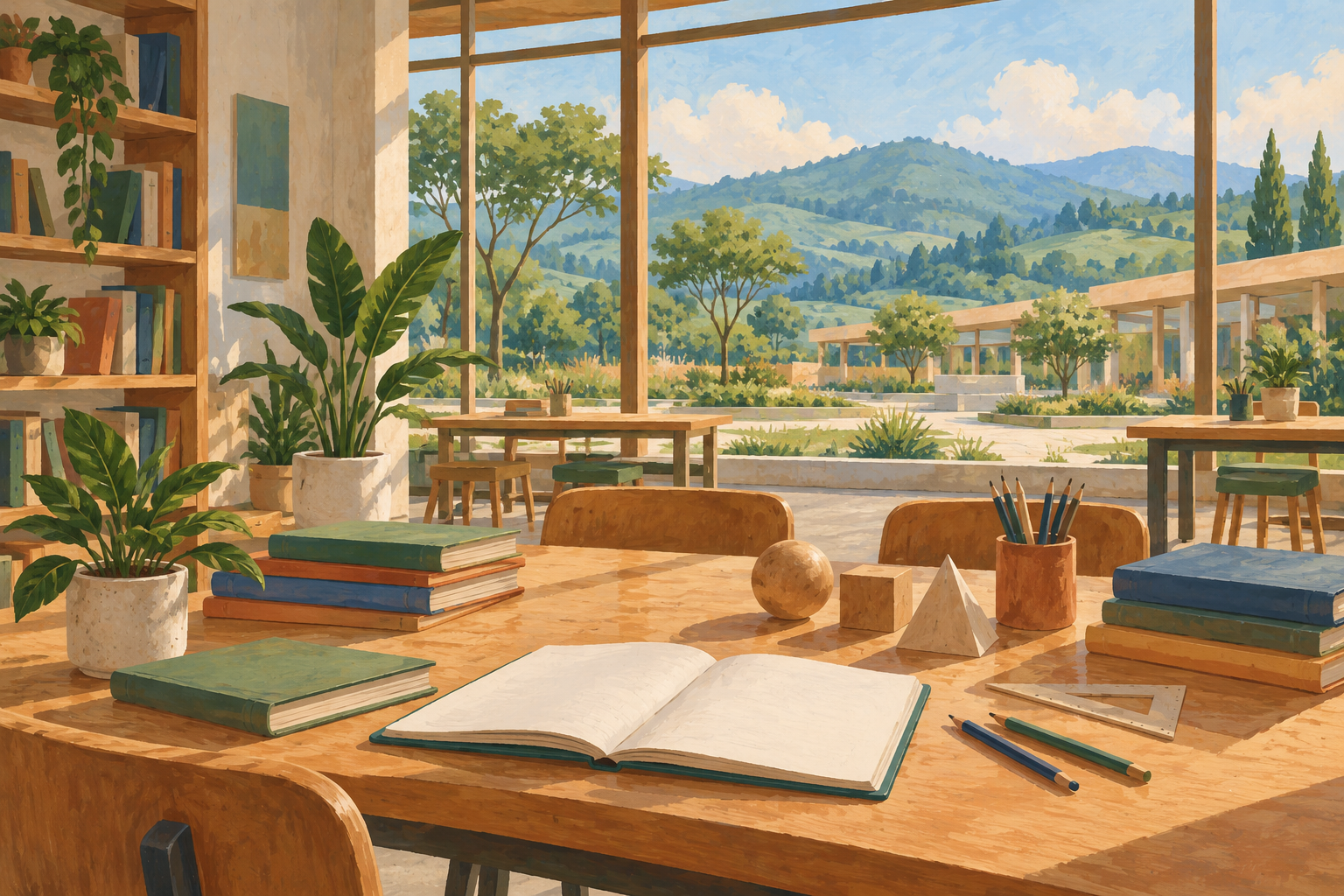 AI-generated gouache illustration of an imagined modern learning studio with books and geometric models overlooking green hills; not an actual Rwanda school.
