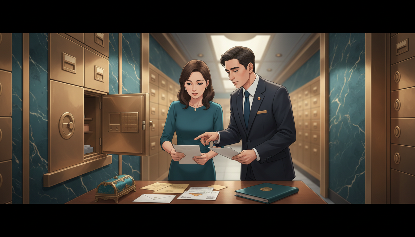 Illustration of a bank officer witnessing an estate representative carefully inventorying documents and sealed boxes inside a private bank safe-deposit room.