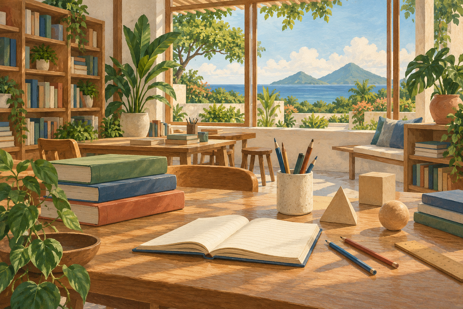 AI-generated gouache illustration of an imagined learning studio with books and geometric models overlooking a green courtyard; not an actual Saint Kitts and Nevis school.