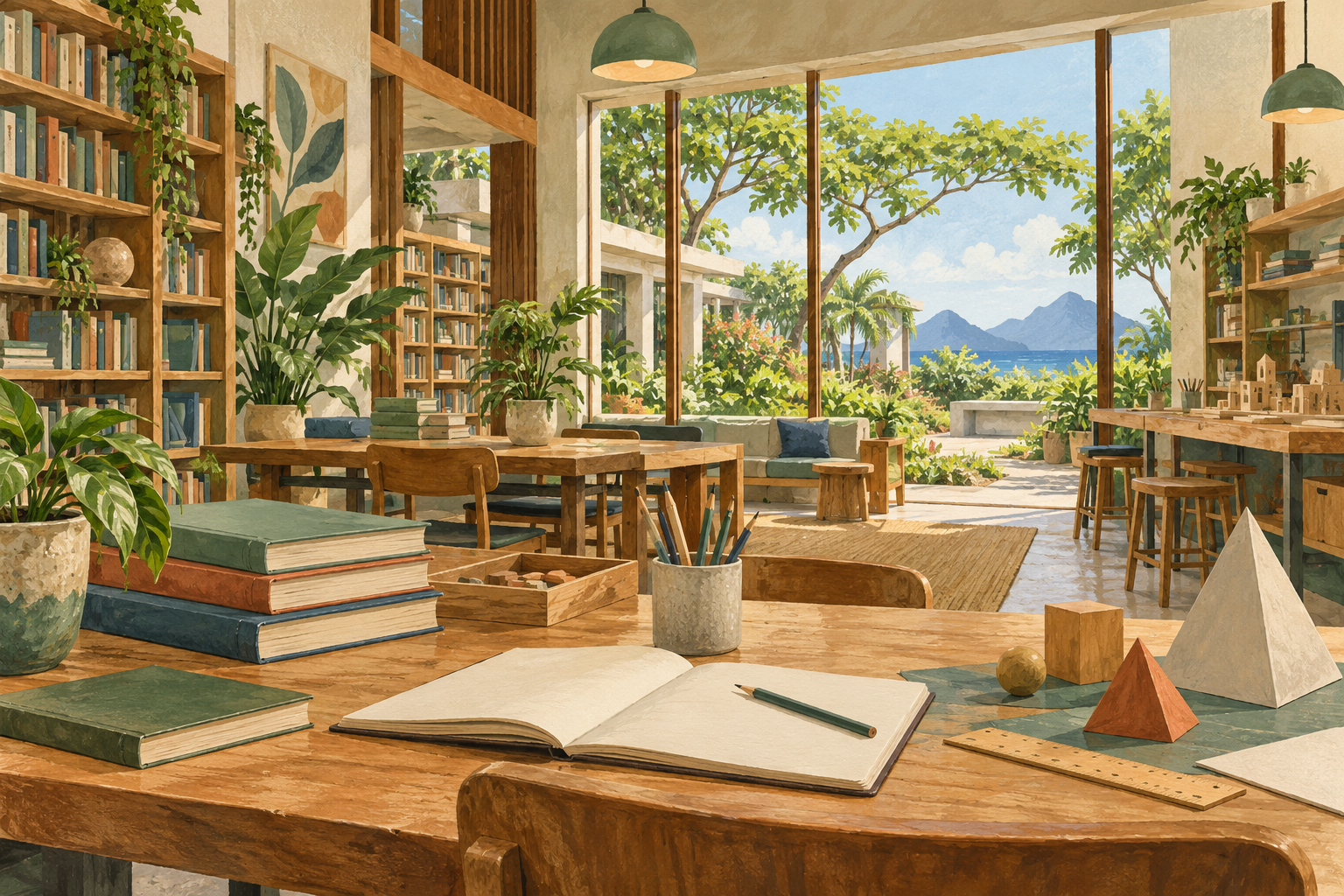 AI-generated gouache illustration of an imagined library and learning studio with books and geometric models overlooking a leafy courtyard; not an actual Saint Lucia school.
