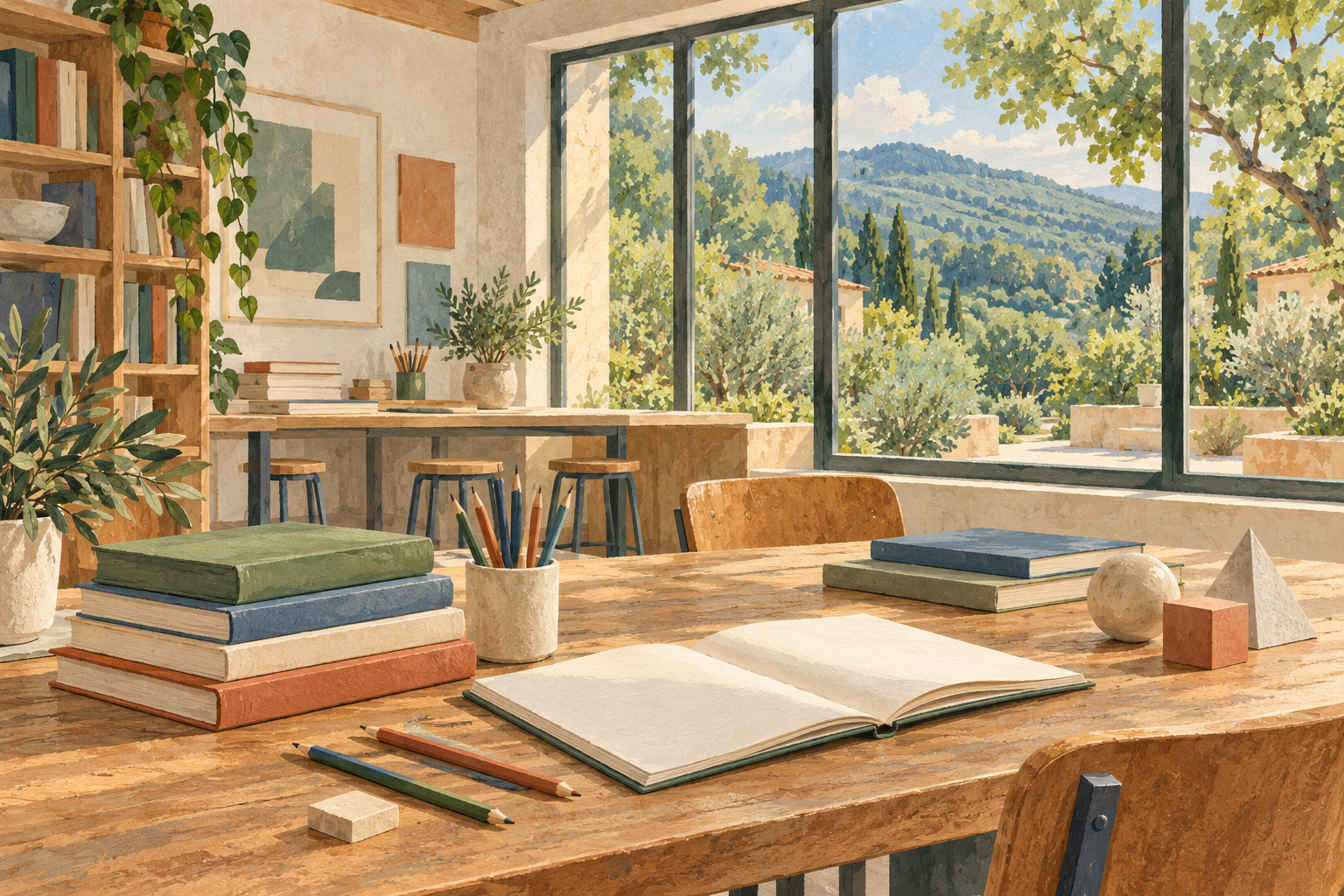 AI-generated gouache illustration of an imagined reading and learning studio overlooking a green courtyard and wooded hills; not an actual San Marino school.