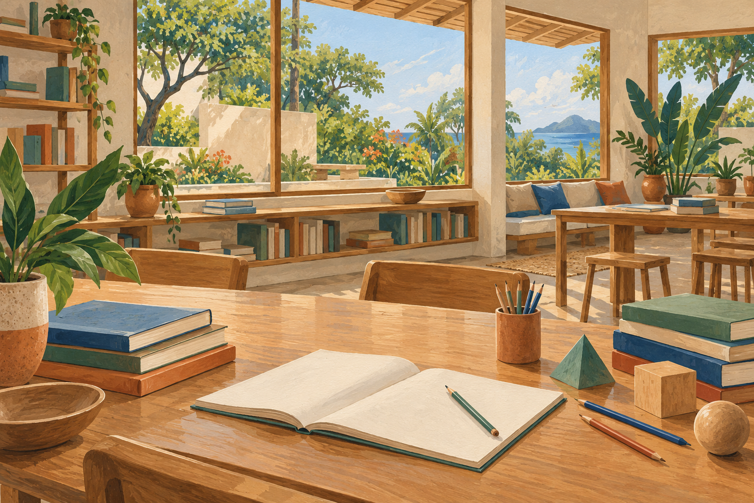 AI-generated gouache illustration of an imagined learning studio with books and geometric models overlooking a leafy courtyard; not an actual São Tomé and Príncipe school.