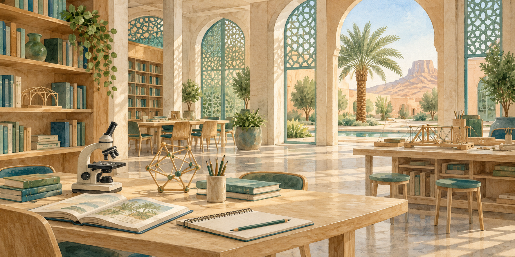 Original fictional watercolour of books, a microscope and geometric and engineering models in an imagined Saudi Arabian learning studio.