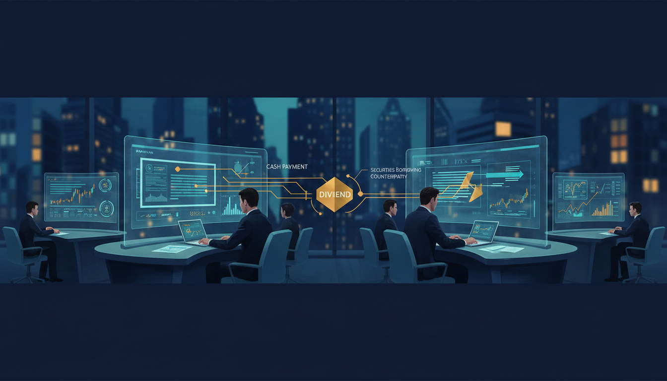 Editorial illustration of a securities operations team reconciling dividend payments, lent shares and investor records.