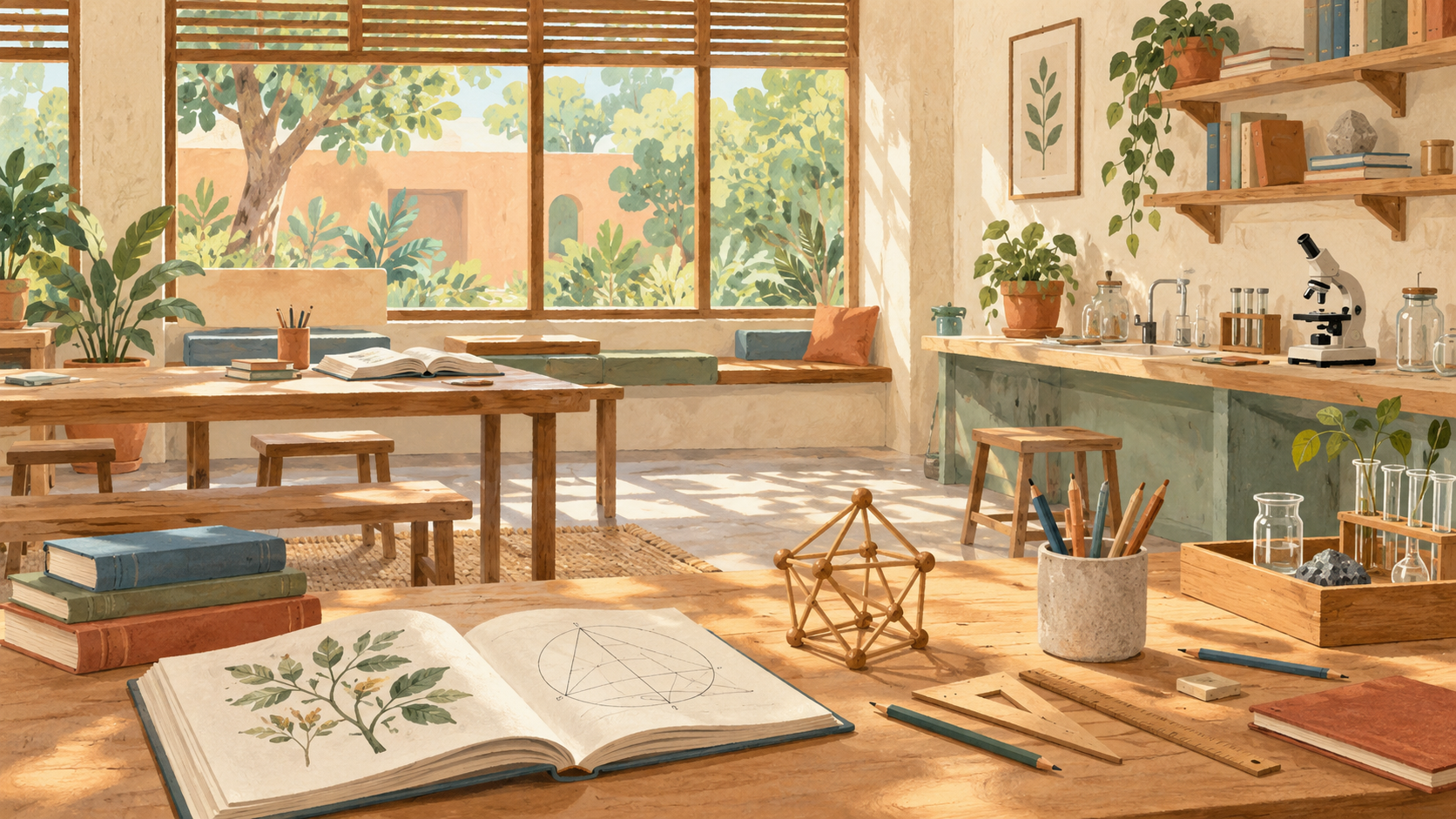 AI-generated illustration of an imagined learning room with books, a geometry model and science materials; not an actual school in Senegal.