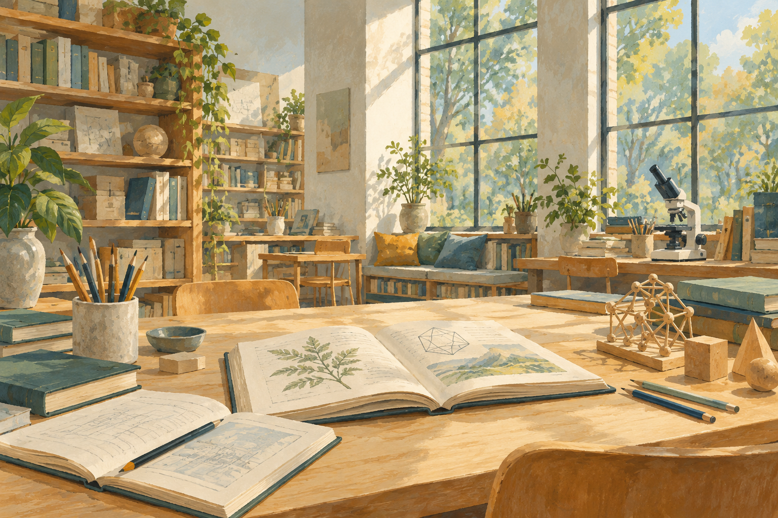 AI-generated illustration of an imagined library and learning room with books, geometric models and a microscope; not an actual Serbian institution.