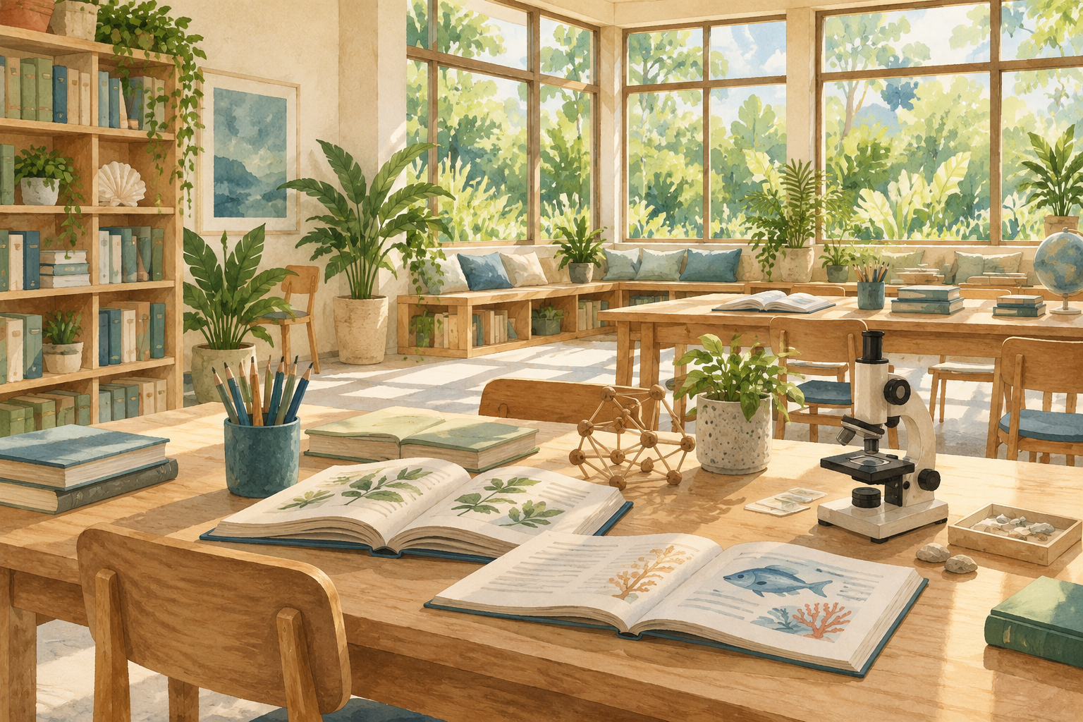 AI-generated illustration of an imagined reading and science room with books, geometric models and a microscope; not an actual Seychelles school.