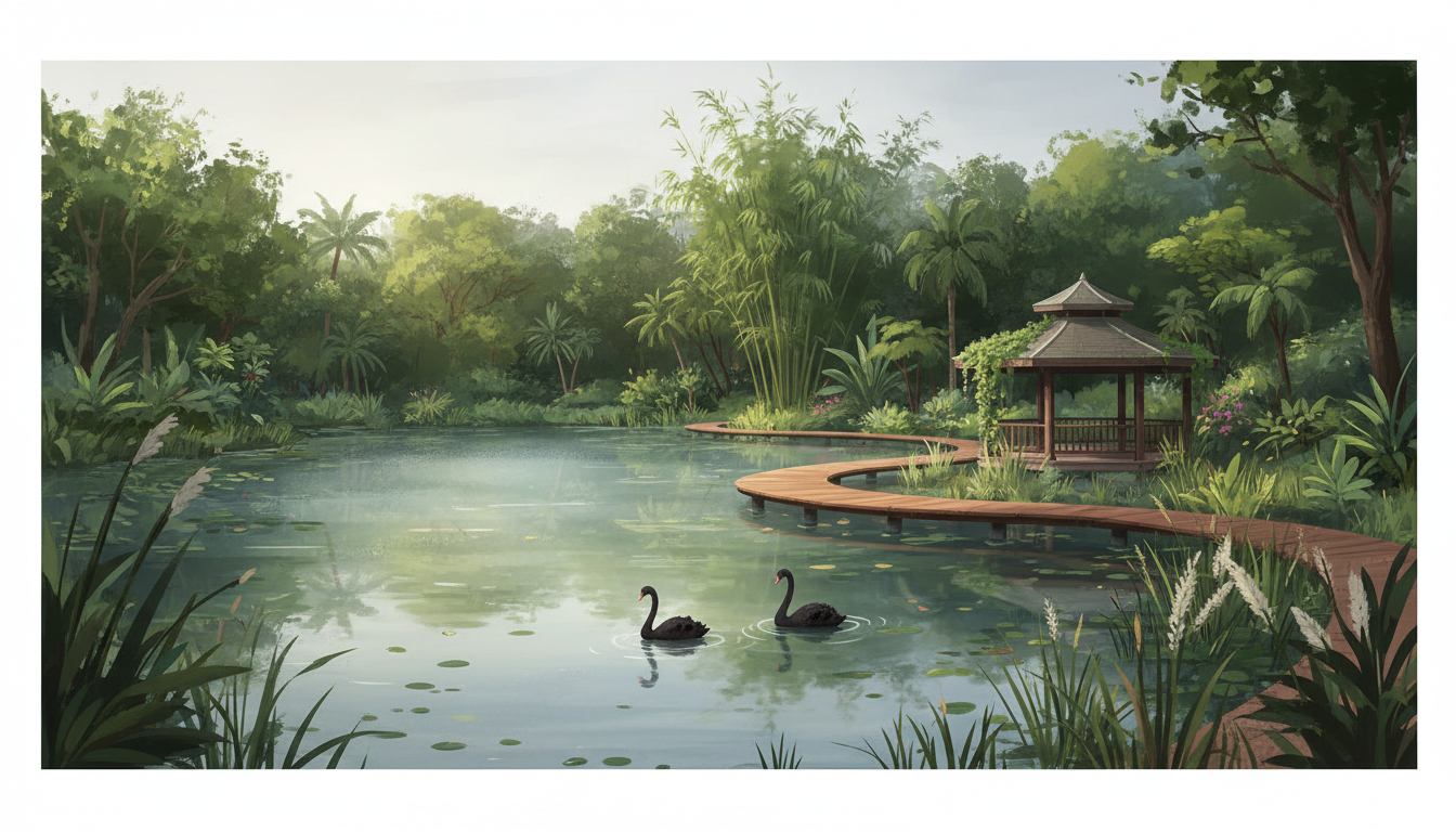 Conceptual illustration inspired by Eco Lake at Singapore Botanic Gardens with tropical greenery, two black swans and a curving boardwalk; not a photograph of the actual lake.