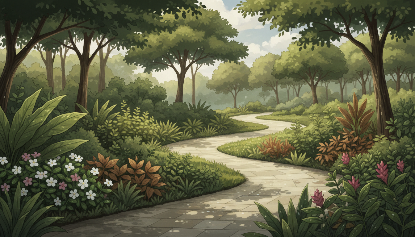 Original conceptual editorial illustration of a peaceful tropical healing garden with labelled-style botanical planting beds and winding paths; not a photograph of Singapore Botanic Gardens.