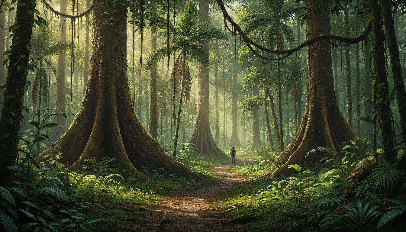 Original conceptual illustration of the Singapore Botanic Gardens' shaded primary rainforest nature trail with tall dipterocarp trees and leaf litter; not a site photograph.