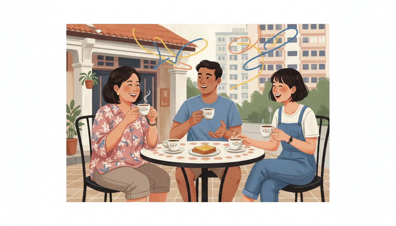 Original editorial illustration of three Singaporean friends chatting at a neighbourhood kopitiam, representing everyday Singlish and community conversation.