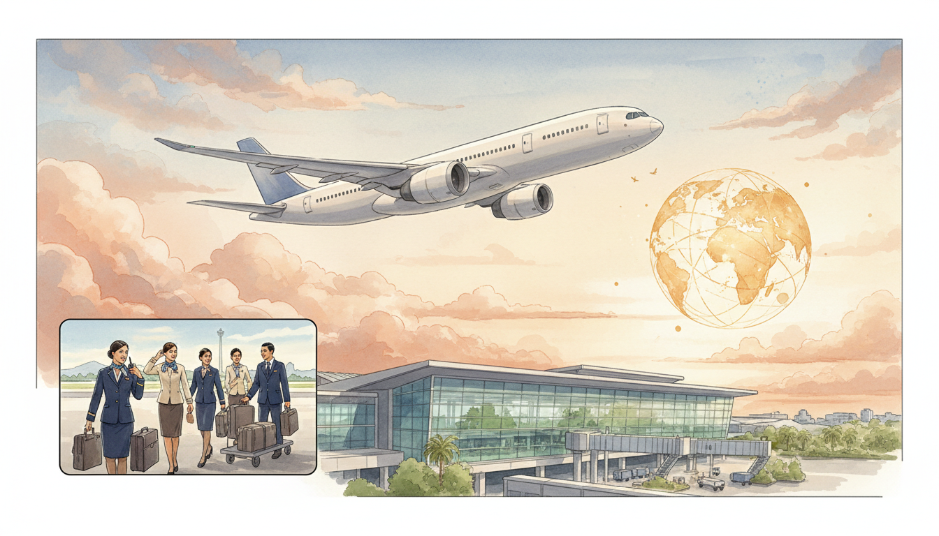 Original educational illustration of an unbranded passenger aircraft and airline crew near Singapore Changi Airport, representing the Singapore Airlines story; not an airline photograph.